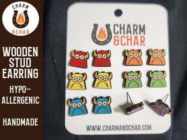 Monster Wood Stud Earrings - Animal Fashion Earring - Stud Earring - Charm and Char